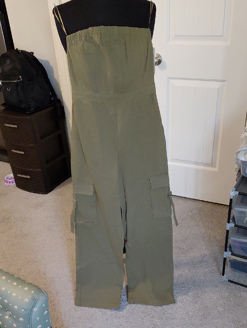 Francesca's Collections Olive Strapless Cargo Jumpsuit